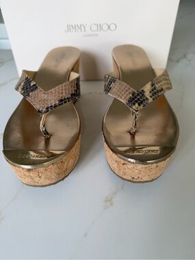 Jimmy Choo Cork Platform Thong Sandals with Snake-Print Straps